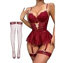 Alrovetoney Women Lingerie Set Naughty Lace Bodysuit High Waisted Underwire Lingerie Babydoll With Garter Belt and Stockings
