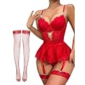 Alrovetoney Women Lingerie Set Naughty Lace Bodysuit High Waisted Underwire Lingerie Babydoll With Garter Belt and Stockings