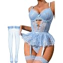 Alrovetoney Women Lingerie Set Naughty Lace Bodysuit High Waisted Underwire Lingerie Babydoll With Garter Belt and Stockings