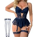 Alrovetoney Women Lingerie Set Naughty Lace Bodysuit High Waisted Underwire Lingerie Babydoll With Garter Belt and Stockings