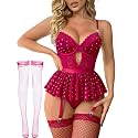 Alrovetoney Women Lingerie Set Naughty Lace Bodysuit High Waisted Underwire Lingerie Babydoll With Garter Belt and Stockings