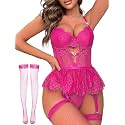 Alrovetoney Women Lingerie Set Naughty Lace Bodysuit High Waisted Underwire Lingerie Babydoll With Garter Belt and Stockings
