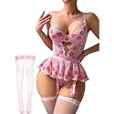 Alrovetoney Women Lingerie Set Naughty Lace Bodysuit High Waisted Underwire Lingerie Babydoll With Garter Belt and Stockings