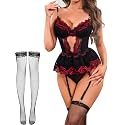 Alrovetoney Women Lingerie Set Naughty Lace Bodysuit High Waisted Underwire Lingerie Babydoll With Garter Belt and Stockings