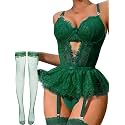 Alrovetoney Women Lingerie Set Naughty Lace Bodysuit High Waisted Underwire Lingerie Babydoll With Garter Belt and Stockings