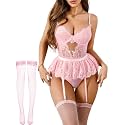 Alrovetoney Women Lingerie Set Naughty Lace Bodysuit High Waisted Underwire Lingerie Babydoll With Garter Belt and Stockings
