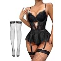 Alrovetoney Women Lingerie Set Naughty Lace Bodysuit High Waisted Underwire Lingerie Babydoll With Garter Belt and Stockings