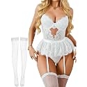 Alrovetoney Women Lingerie Set Naughty Lace Bodysuit High Waisted Underwire Lingerie Babydoll With Garter Belt and Stockings