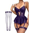 Alrovetoney Women Lingerie Set Naughty Lace Bodysuit High Waisted Underwire Lingerie Babydoll With Garter Belt and Stockings