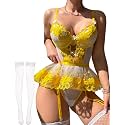 Alrovetoney Women Lingerie Set Naughty Lace Bodysuit High Waisted Underwire Lingerie Babydoll With Garter Belt and Stockings