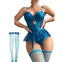 Alrovetoney Women Lingerie Set Naughty Lace Bodysuit High Waisted Underwire Lingerie Babydoll With Garter Belt and Stockings