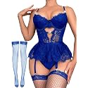 Alrovetoney Women Lingerie Set Naughty Lace Bodysuit High Waisted Underwire Lingerie Babydoll With Garter Belt and Stockings