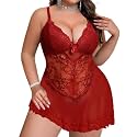 Alrovetoney Women Plus Size Babydoll Lingerie Lace Chemise Mesh Sleepwear Strappy Sexy Nightgown Boudoir Outfit L-4XL