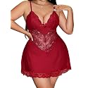 Alrovetoney Women Plus Size Babydoll Lingerie Lace Chemise Mesh Sleepwear Strappy Sexy Nightgown Boudoir Outfit L-4XL