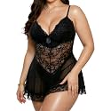 Alrovetoney Women Plus Size Babydoll Lingerie Lace Chemise Mesh Sleepwear Strappy Sexy Nightgown Boudoir Outfit L-4XL