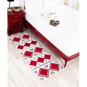 hand woven tufted 100 natural cotton export quality designer rugcarpet bed side runner for bedroomliving room size-2x5 feet or 60 cms x 152 cms red amp white