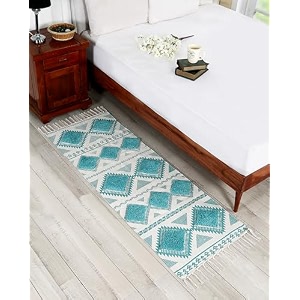 hand woven tufted 100 natural cotton export quality designer rugcarpet bed side runner for bedroomliving room size-2x5 feet or 60 cms x 152 cms sky blue amp white