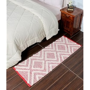 hand woven tufted 100 natural cotton export quality designer rugcarpet bed side runner for bedroomliving room size-2x5 feet or 60 cms x 152 cms red tufted