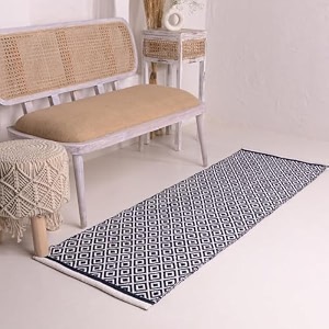 hand woven 100 natural cotton export quality designer rugcarpet bed side runner for bedroomliving room size-2x5 feet or 60 cms x 152 cmsnavy diamond