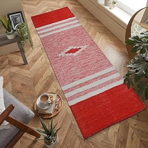 hand woven 100 natural cotton export quality designer rugcarpet bed side runner for bedroomliving room size-2x5 feet or 60 cms x 152 cms red cut shutle