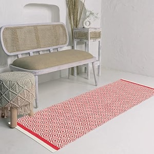 hand woven 100 natural cotton export quality designer rugcarpet bed side runner for bedroomliving room size-2x5 feet or 60 cms x 152 cmsred diamond