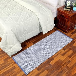 hand woven 100 natural cotton export quality designer rugcarpet bed side runner for bedroomliving room size-2x5 feet or 60 cms x 152 cms blue lehar