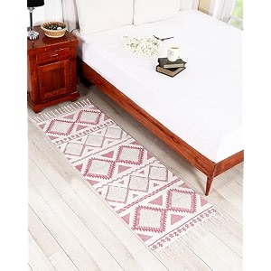 hand woven tufted 100 natural cotton export quality designer rugcarpet bed side runner for bedroomliving room size-2x5 feet or 60 cms x 152 cms white amp pink
