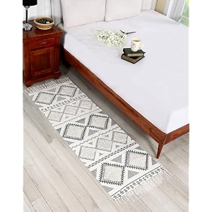 hand woven tufted 100 natural cotton designer rug carpet bedside runner for bedroom living room  export quality  2x5 feet  60x152 cm black amp natural white