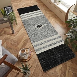 hand woven 100 natural cotton export quality designer rugcarpet bed side runner for bedroomliving room size-2x5 feet or 60 cms x 152 cms black cut shutle