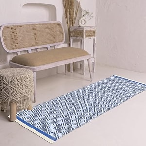 hand woven 100 natural cotton export quality designer rugcarpet bed side runner for bedroomliving room size-2x5 feet or 60 cms x 152 cmsblue diamond
