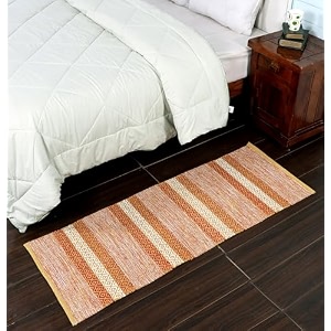 hand woven tufted 100 natural cotton export quality designer rugcarpet bed side runner with tassels for bedroomliving room size-2x5 feet or 60 cms x 152 cms orange stripe
