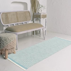 hand woven 100 natural cotton export quality designer rugcarpet bed side runner for bedroomliving room size-2x5 feet or 60 cms x 152 cms turquoise diamond