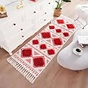 Hand Woven Tufted 100% Natural Cotton Export Quality Designer Rug,Carpet, Bed Side Runner for Bedroom,Living Room, Size-2x5 feet or 60 cms x 152 cms (White &amp; Red)