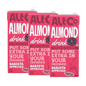 alt co almond milk 1 literpack of 3  as seen on shark tank  no added sugar  lactose-free  preservatives free  soya free  no trans- fat  low calorie  plant based  dairy free