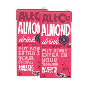 alt co almond milk 1 literpack of 2  as seen on shark tank  zero added sugar  lactose-free  preservatives free  soya free  no trans- fat  low calorie  plant based  dairy free