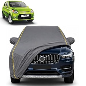 alto 800 100 waterproof car cover  dustproof sun protection cover  soft cotton lining  triple stitched  mirror pocket  antenna pocket  all weather body cover grey with yellow piping
