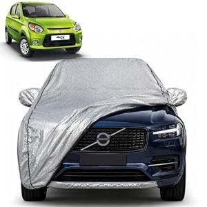 alto 800 100 waterproof car cover  dustproof sun protection cover  soft cotton lining  triple stitched  mirror pocket  antenna pocket  all weather body cover silver with yellow piping