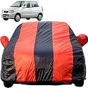 Alto Dustproof Car Cover with Mirror Pockets, Red Blue Stripes, Taffeta Polyster,Triple Stitched, Compatible with Maruti Alto Car Cover (2000 to 2014), Car Accessories