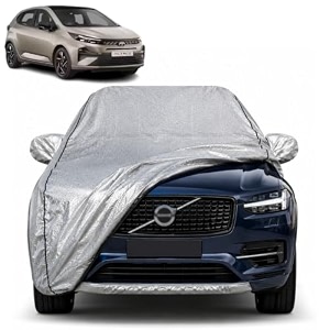 altroz 100 waterproof car cover  dustproof sun protection cover  soft cotton lining  triple stitched  mirror pocket  antenna pocket  all weather body cover silver with yellow piping