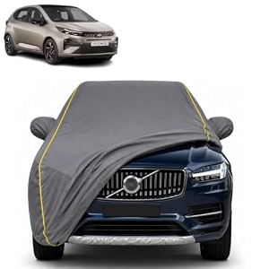 altroz 100 waterproof car cover  dustproof sun protection cover  soft cotton lining  triple stitched  mirror pocket  antenna pocket  all weather body cover grey with yellow piping