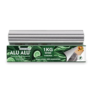 alu alu 1 kg gross silver aluminium foil  18 micron thickness  premium quality  keeps food fresh always perfect for food wrapping packing storing and serving  4169 meters net guaranteed length
