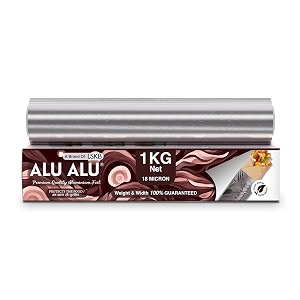 alu alu 1 kg net silver aluminium foil  premium quality  18 micron thickness  keeps food warm and hygienic  ideal for food wrapping packing storing and serving