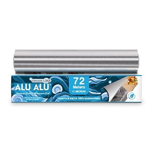 alu alu 72 meters silver aluminium foil  premium quality  11 micron thickness  keeps food warm and hygienic  ideal for food wrapping packing storing and serving