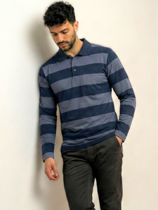 Alvin Striped Men Polo Neck Grey T-Shirt