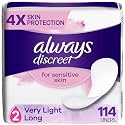 Always Discreet for Sensitive Skin Liners Light Long Absorbency, Four Times Skin Protection, Soft, Dermatologically Tested, Fragrance-Free, 114 Total Count (3 Pack of 38)
