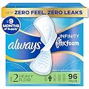 Always Infinity Feminine Pads for Women, Flexfoam Pads Without Wings, Size 2, Heavy Absorbency, Unscented, 96 Count (3 Packs of 32)