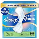 Always Infinity Feminine Pads for Women, Flexfoam Pads with Wings, Size 2, Heavy Absorbency, Unscented, 96 Count (3 Packs of 32)