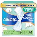 Always Pure Cotton, Organic Cotton top Layer Pads for Women with Wings, Feminine Care, Period, Menstrual, Sanitary, Postpartum, toallas sanitarias para Mujer, Size 2 Heavy Absorbency, Unscented, 72ct