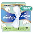 Always Pure Cotton Feminine Pads for Women, FlexFoam Pads with Wings, Size 2, Heavy Absorbency, Unscented, 72 Count (Pack of 2)