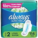 Always Ultra Thin Daytime Pads with Wings, Size 2, Long Super, Unscented, 114 Count